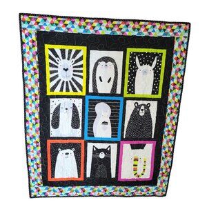 HANDMADE Baby Quilt Black & White Multi-Colored Sleep Tight Animals - 37x44